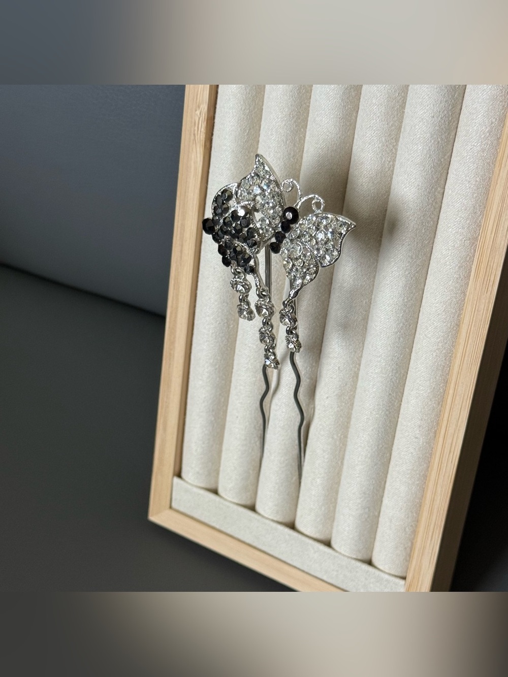Black & Clear Crystal Butterfly Hair Pin - Picture 3 of 14